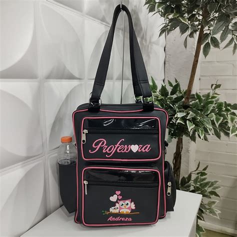 Bolsa Mochila Multifuncional Personalizada Professora Preto Pink