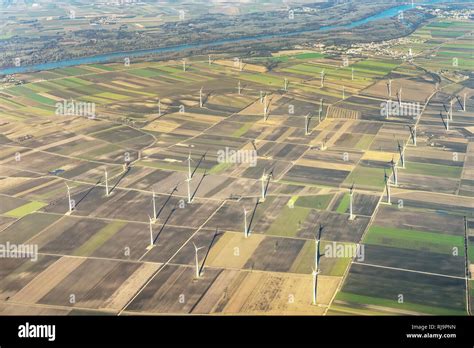 Agricultural Landscape With Many Windmills Panoramic View Of Fields