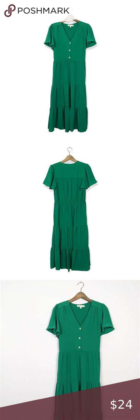 Monteau Los Angeles Green Tiered Flutter Sleeve Midi Dress Midi Dress