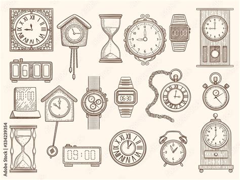 Watches Set Drawing Clocks Timers Alarms Vector Pictures Collection