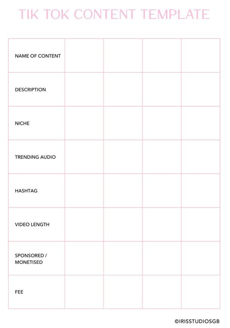 Tik Tok Content Planner Tik Tok Storyboard Social Media Influencing