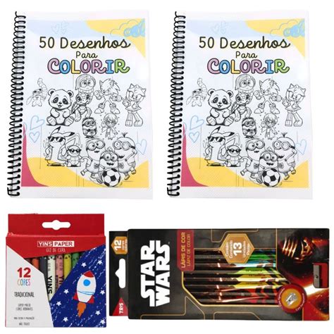 Kits De Colorir - Kit para colorir com 50 Desenhos + Lápis de Cor 12 Cores + 12 Giz de ...