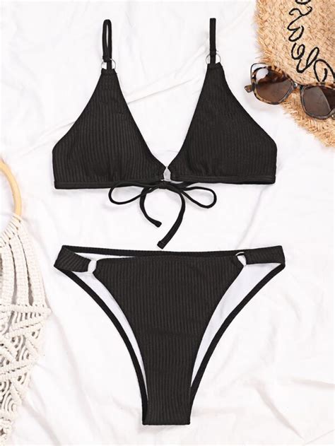 Shein Swim Basics Conjunto De Bikini Acanalado Sujetador Con Lazo En La