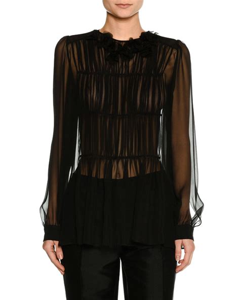 Lyst N°21 Long Sleeve Pleated Sheer Chiffon Blouse In Black