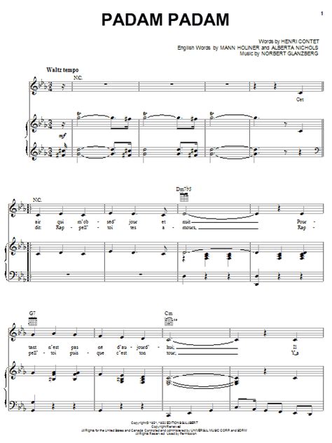 Edith Piaf "Padam Padam" Sheet Music for Piano, Vocal & Guitar ...