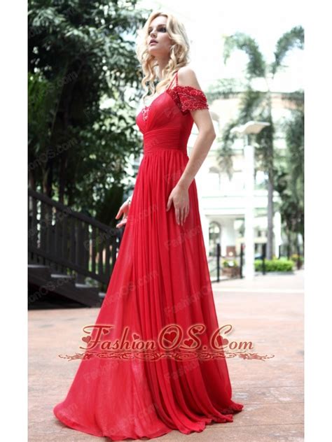 Red Empire Off The Shoulder Floor Length Chiffon Pleat And Beading Prom