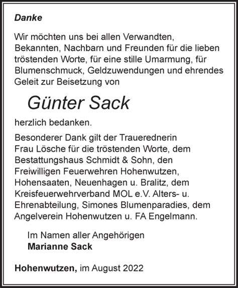 Traueranzeigen von Günter Sack Märkische Onlinezeitung Trauerportal