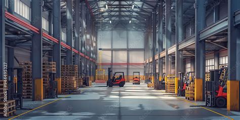 An Industrial Warehouse Filled With Stacked Pallets And Forklifts Its