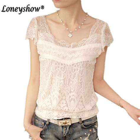 Buy Women Lace White Blouse Shirt Casual Sweet Top Sexy Short Sleeve Blouse