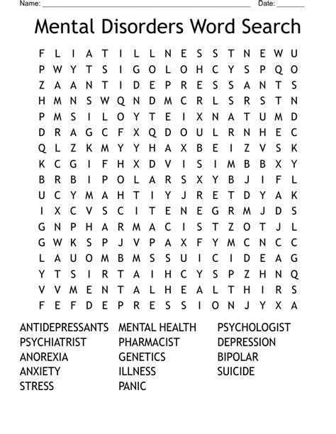 Mental Disorders Word Search Wordmint