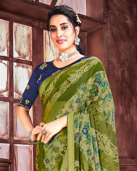 Vishal Prints Green Brasso Saree With Foil Print And Zari Border