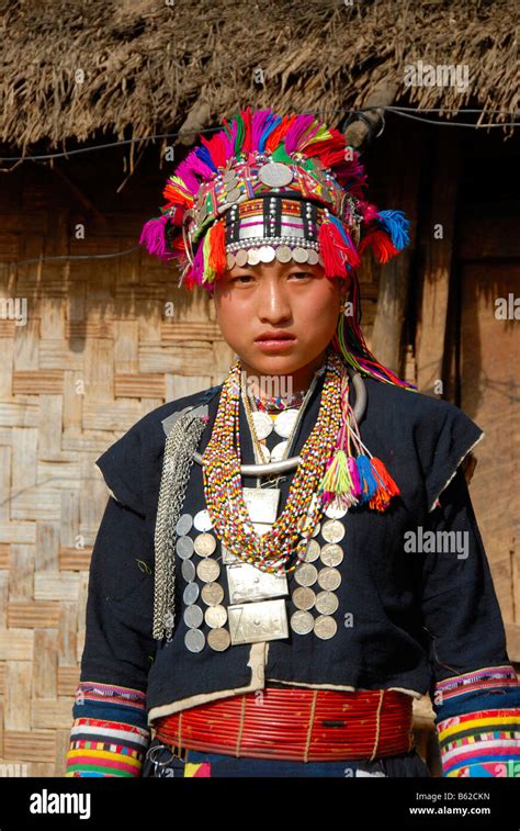 Woman Of The Akha Lom Ethnic Group Wearing Colorful Traditional