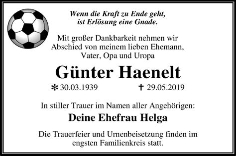 Traueranzeigen Von G Nter Haenelt Abschied Nehmen De