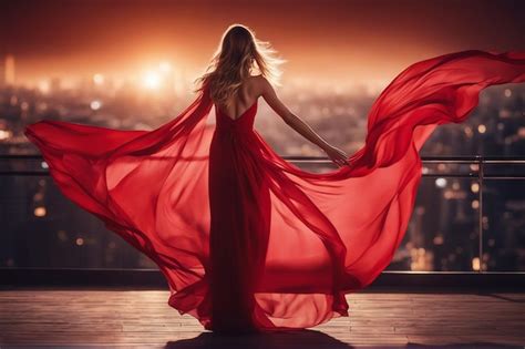 Premium Ai Image Fashion Woman In Red Fluttering Dress Back Side Rear