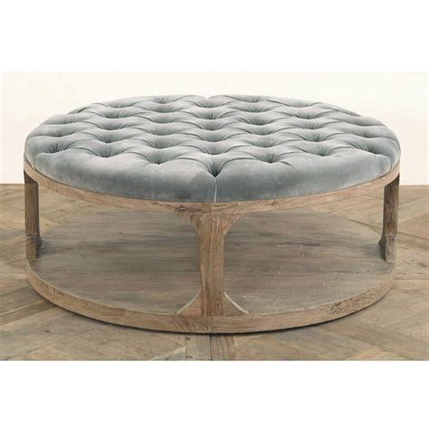 Marie French Country Round Grey Blue Tufted Wood Round Coffee Table