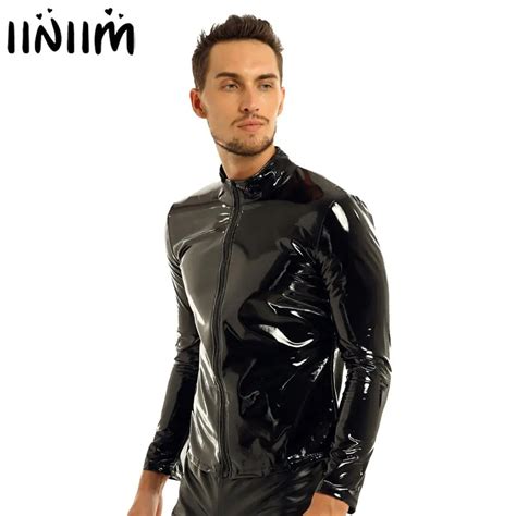 Iiniim Men Shiny Metallic Long Sleeve Front Zip Stand Collar Tops Wet