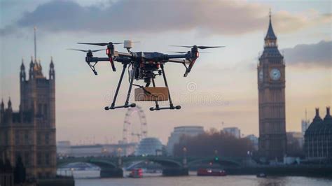 Drone Delivering a Package with Iconic London Landmarks in the ...