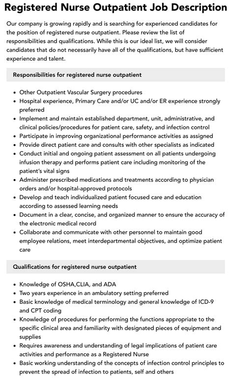 Registered Nurse Outpatient Job Description Velvet Jobs