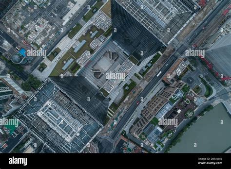 Aerial View From Above Suzhou River In The Dawn On A Cloudy Day