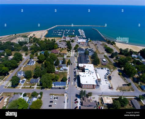 Aerial View Of Small Town Man Made Harbor On Lake Huron At Lexington