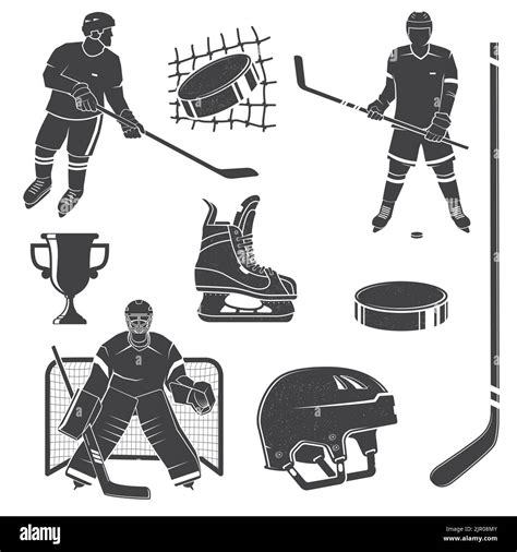 Set Of Ice Hockey Player And Equipment Icon Vector Illustration Set