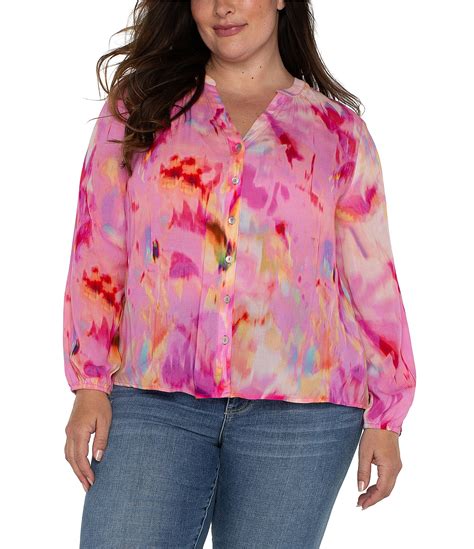 Liverpool Los Angeles Plus Size Watercolor Print Split Round Neck Long