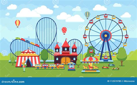 Cartoon Amusement Park With Circus Carousels And Roller Coaster Vector