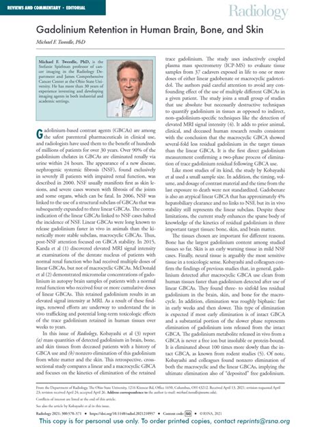 Pdf Gadolinium Retention In Human Brain Bone And Skin