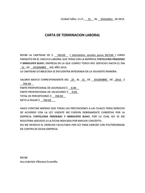 Carta De Terminacion Laboral Pdf