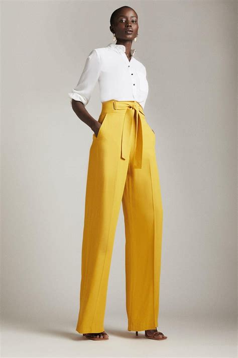 Eyelet Detail High Waist Wide Leg Trousers Yellow High Waisted