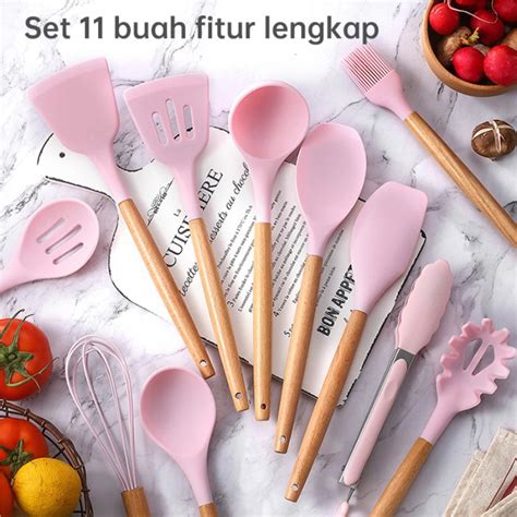 Jual Spatula Silikon Set Gagang Kayu Tahan Panas Alat Masak Tempat