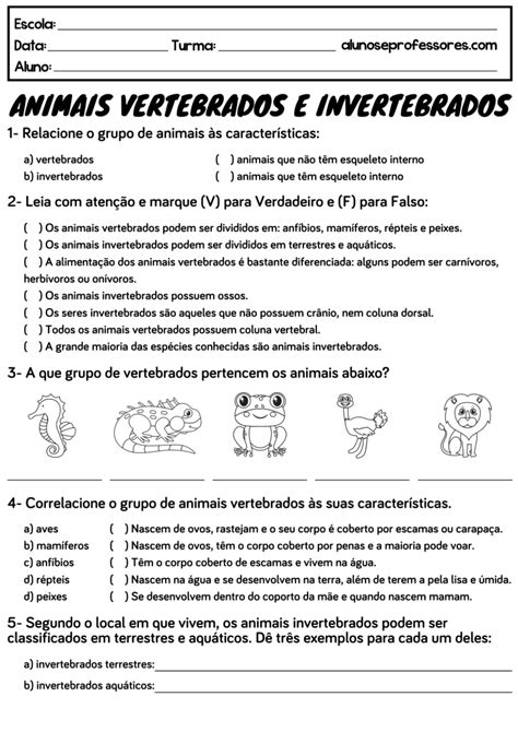 Atividades Sobre Animais Vertebrados E Invertebrados Alunos E Porn