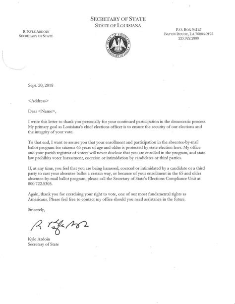 Secretary Of State Kyle Ardoins Letter Of Sept 20 2018