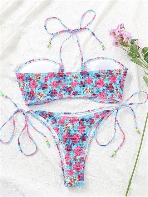 Emmiol Free Shipping 2024 Halter Floral Print Smocked Bikini Set Blue M