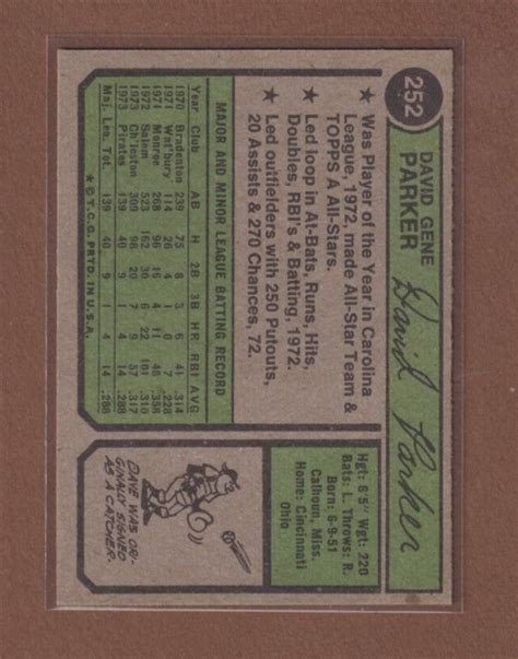 1974 Topps 252 Dave Parker Rookie Pittsburgh Pirates ExMT 774