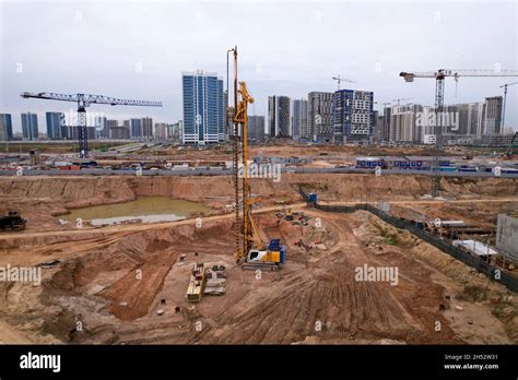 Deep Foundation Machine Drilling Rig And Pile Driver At Construction