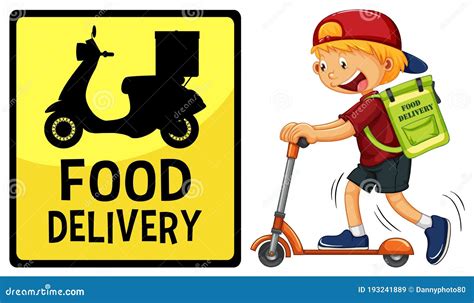 Food Delivery Logo With Delivery Man Or Courier Riding On Scooter Stock