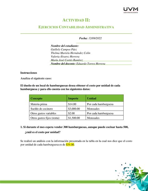 A2 TMHC EQ EJERCICIO ACTIVIDAD II EJERCICIOS CONTABILIDAD