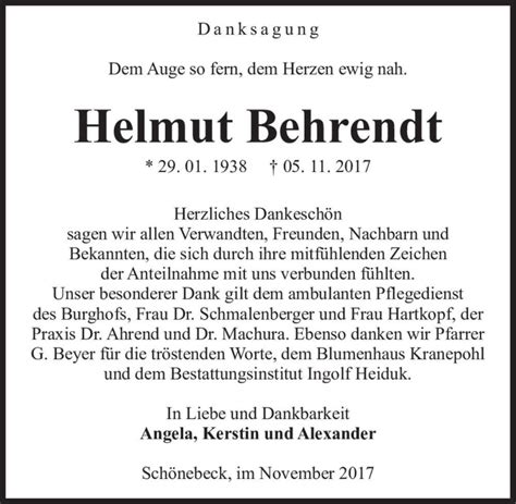 Traueranzeigen Von Helmut Behrendt Abschied Nehmen De