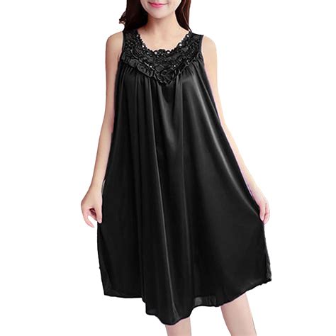 Womens Nightshirts And Gowns Solid Color Sleeveless Round Neck Lace