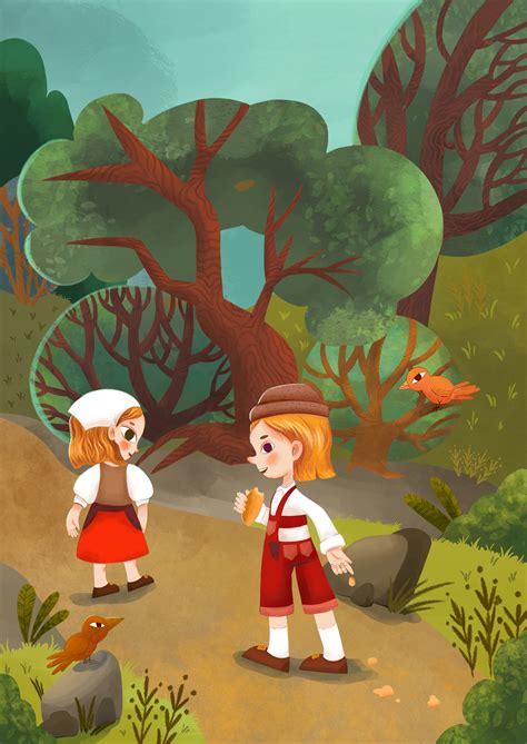 Иллюстрация Гензель и Гретель идут в лес в стиле компьютерная