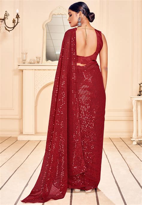 Buy Sequinned Georgette Saree In Maroon Online SPF1819 Utsav Fashion