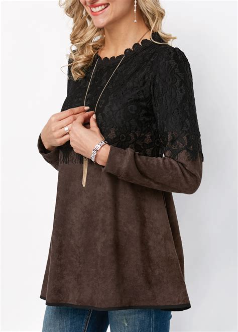 Lace Panel Round Neck Long Sleeve T Shirt Modlily Usd