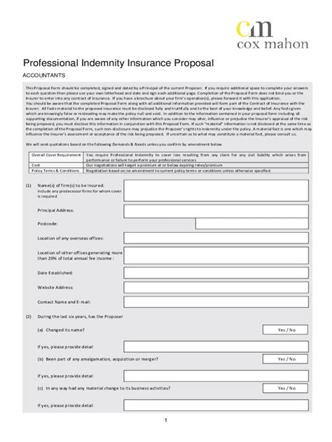 Fillable Online Professional Indemnity Proposal Forms Professional