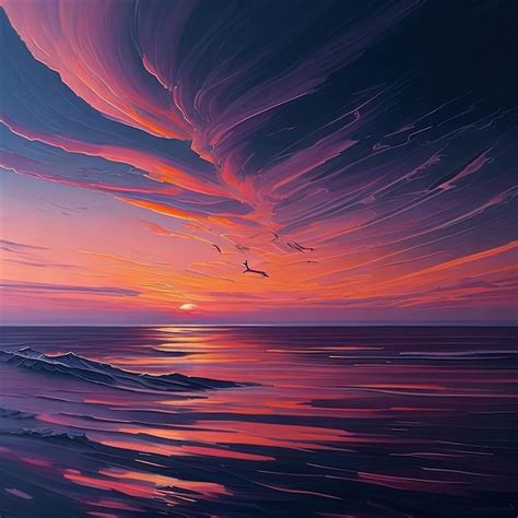 Premium AI Image | Painting of a sunset over the ocean with birds ...