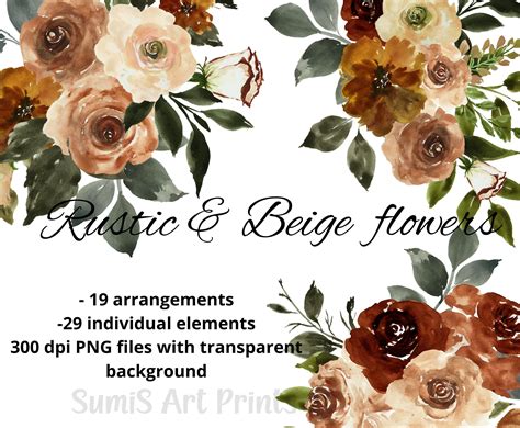 Copper Rustic Watercolor Floral Clipart Brown Taupe Beige Roses PNG ...