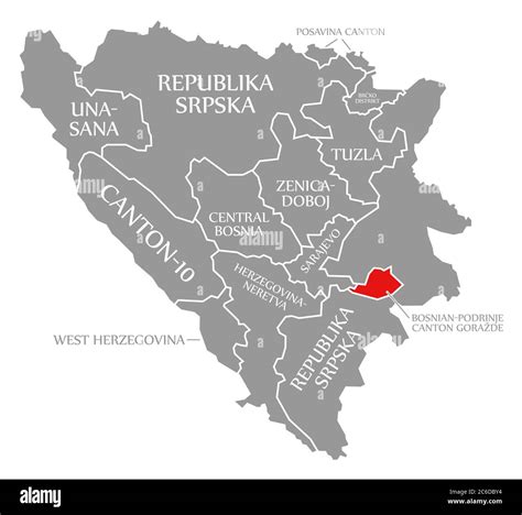 Bosnian Podrinje Canton Gorazde Red Highlighted In Map Of Bosnia And