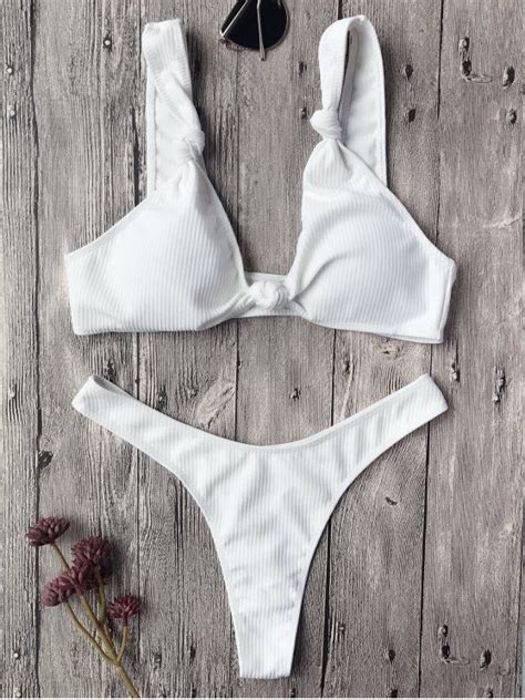 18 OFF 2019 Textured Knotted Bralette Thong Bikini Set In WHITE ZAFUL