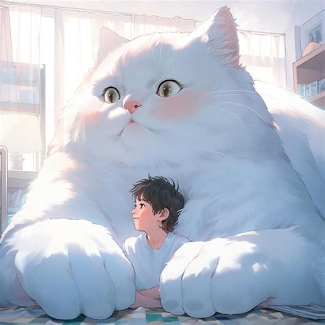 Premium Photo | Anime character with a child sitting next to a giant white cat generative ai