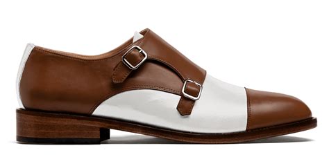 Cap Toe Double Monk Strap Shoes In White And Brown Leather